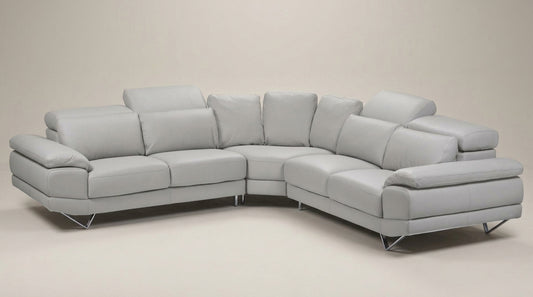 Luxury light grey leather corner couch , adjustable headrests. Galeria Furniture South Africa