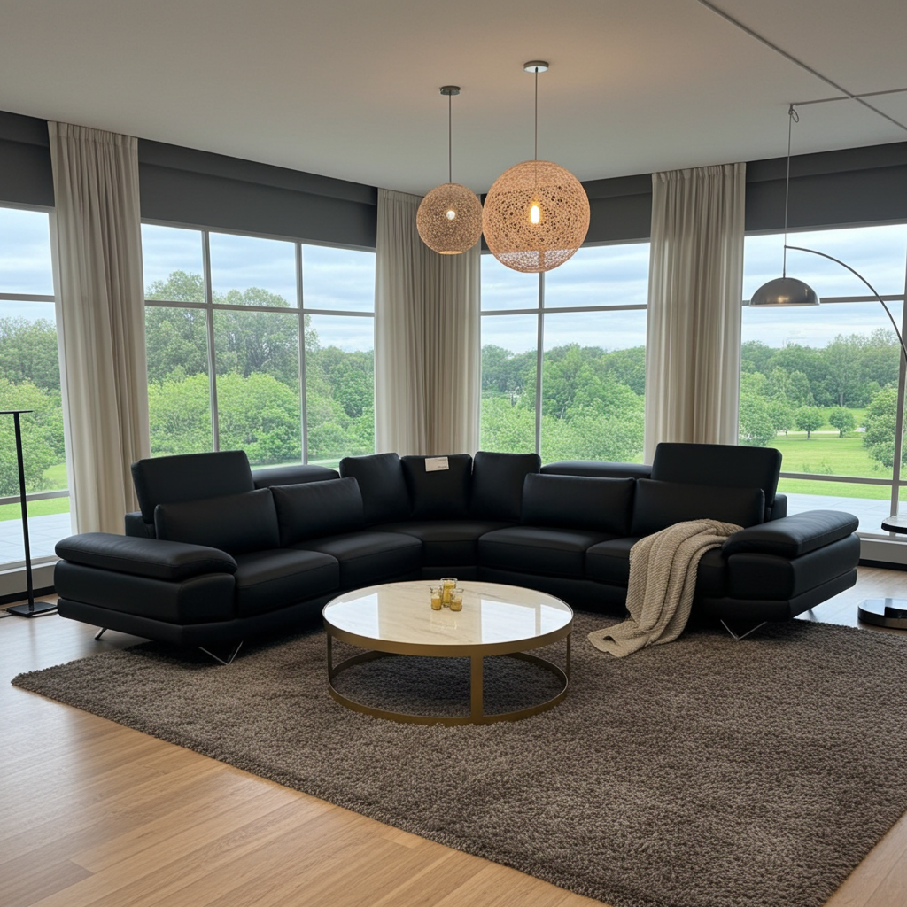 designer corner couch in full black leather + adjustable headrests + chrome feet.