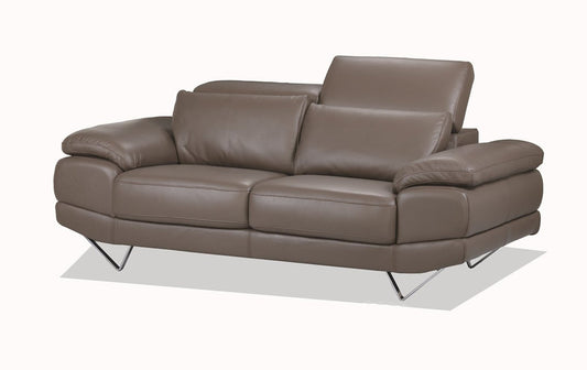 Brown leather 2 seater couch with adjustable headrests in brown leather and chrome feet.