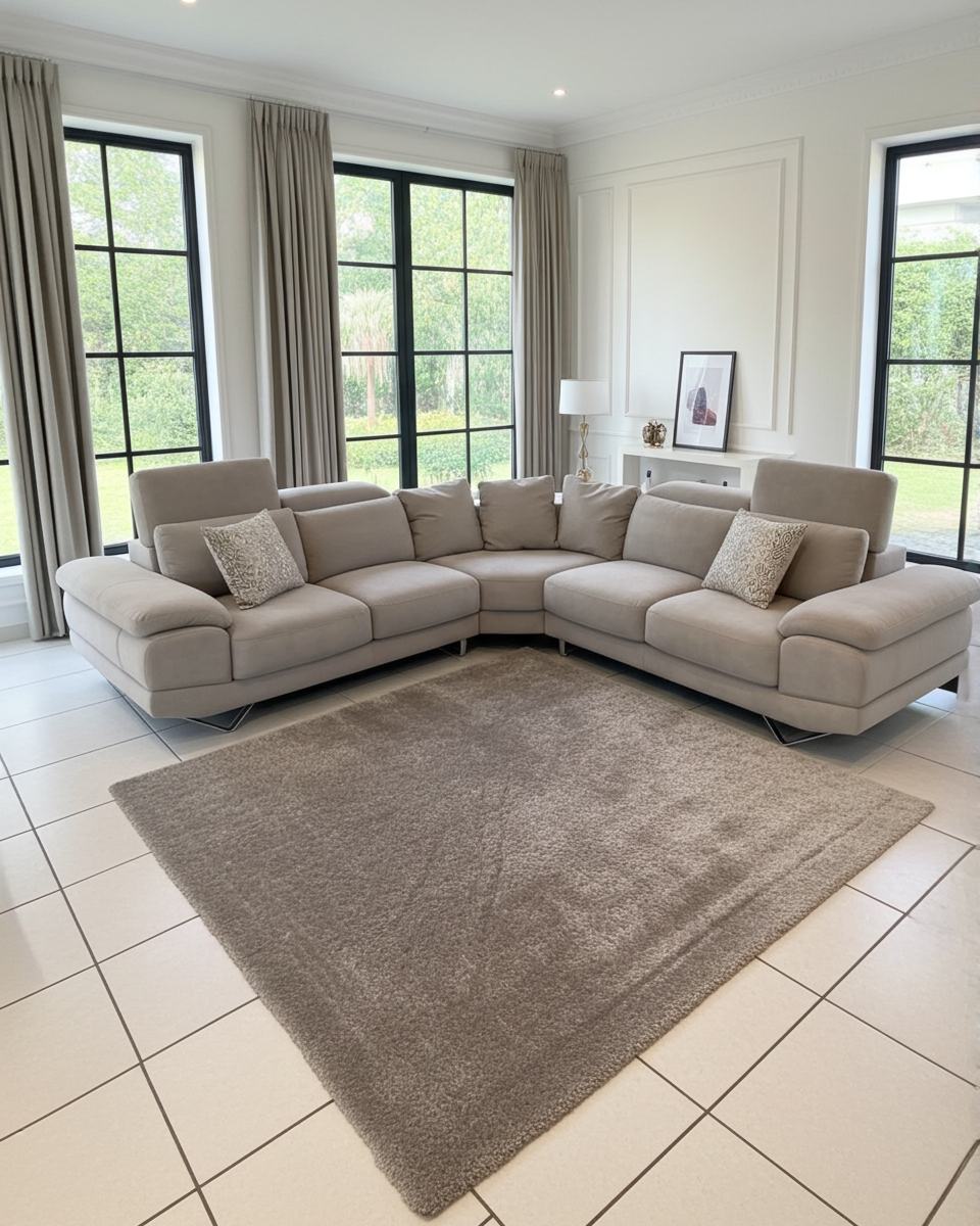 Luxury fabric corner couch with adjustable headrests, this designer couch is handmade in europe and offers superior comfort