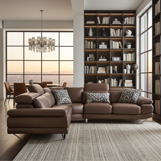 Large brown leather corner couch with adjustable headrests