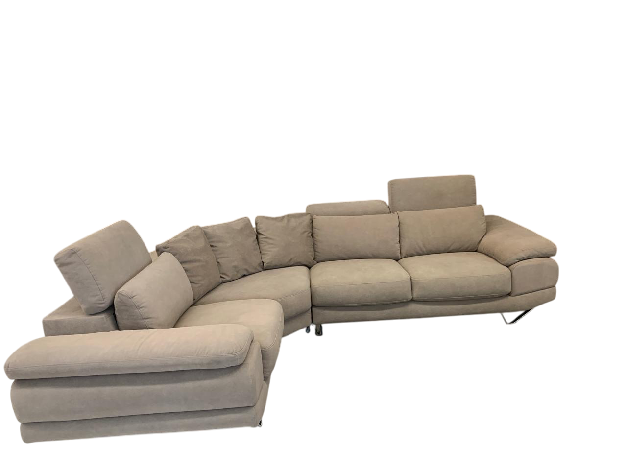 The dennis corner couch in a luxe taupe fabric, has adjustable headrests and extra padded back cushioning.
