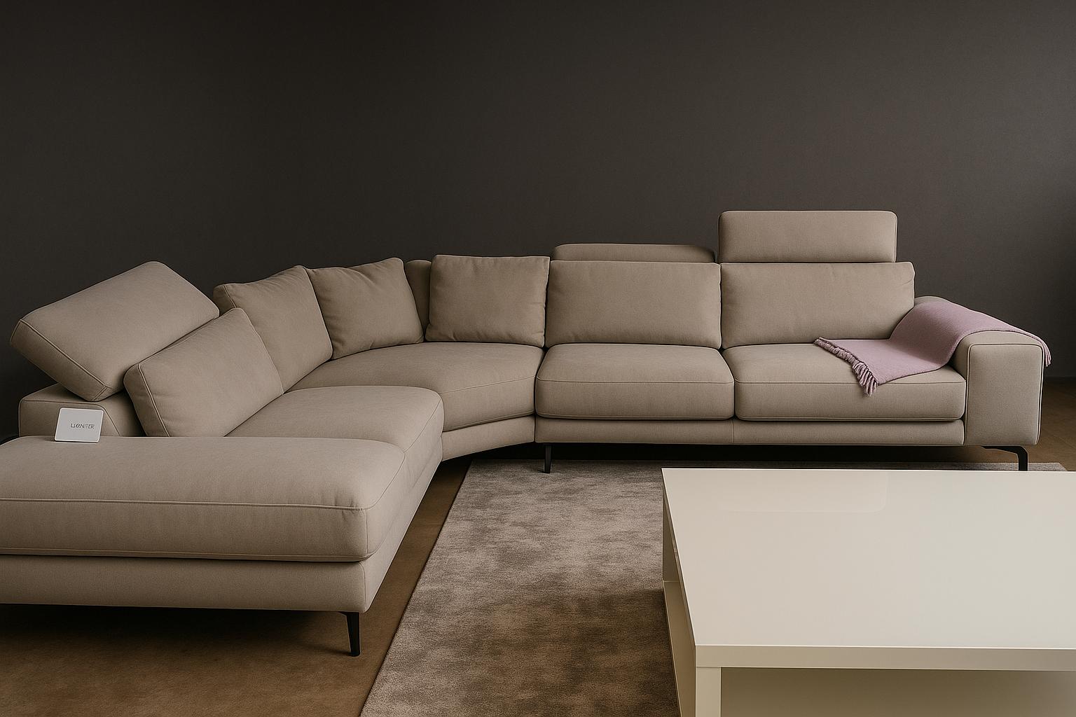 large corner couch in luxury fabric with adjustable headrests
