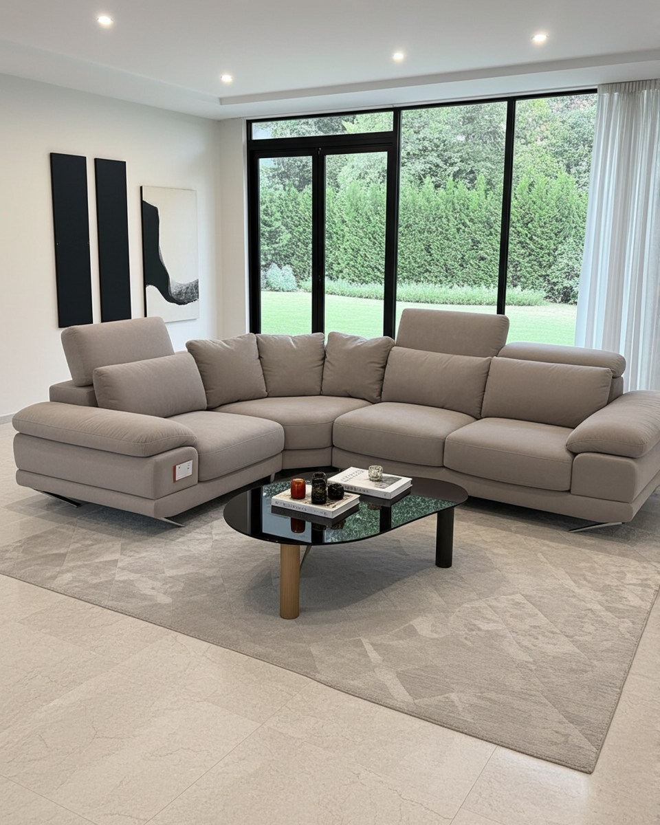 beige fabric corner couch with chrome feet and adjustable headrests