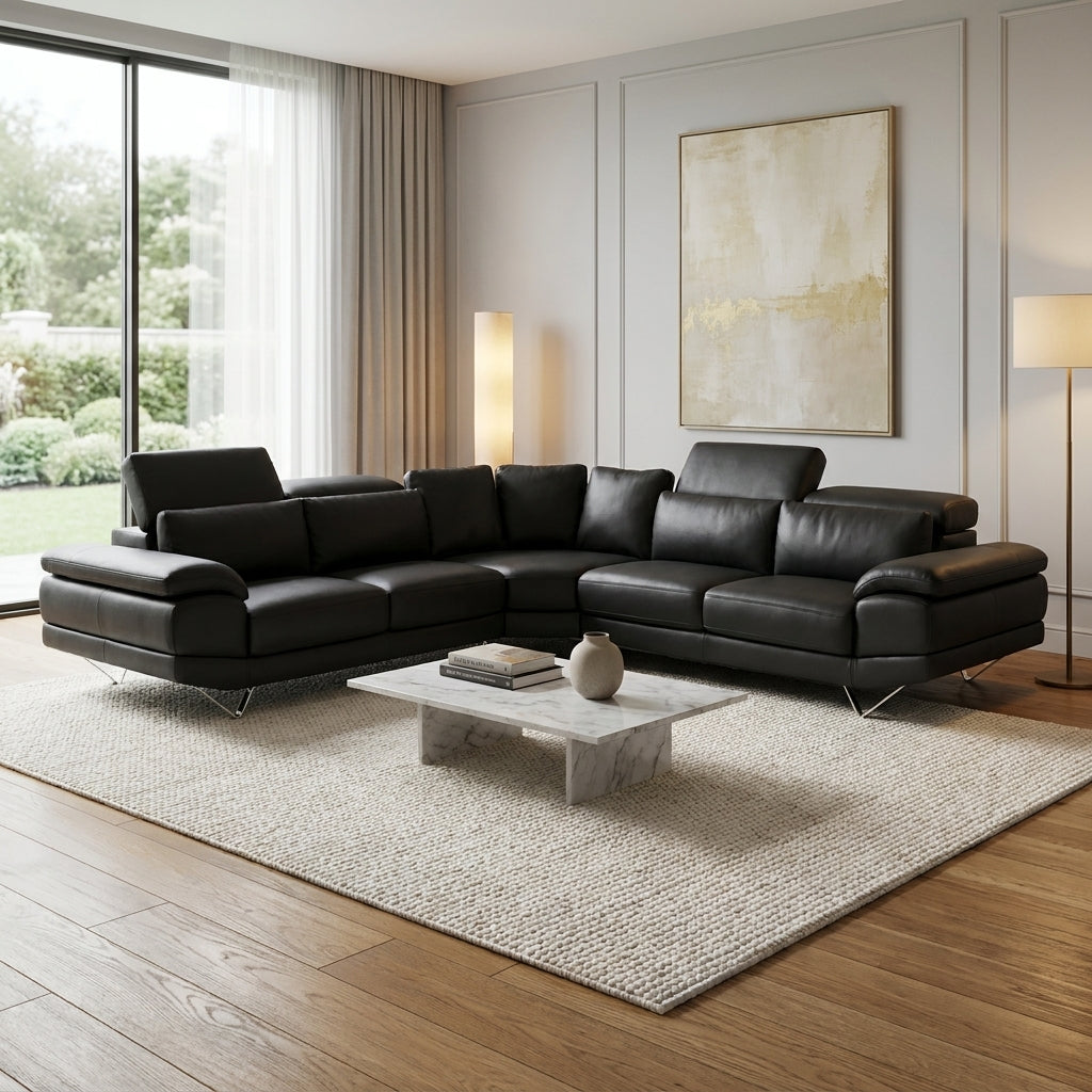 Luxury black leather corner couch adjustable headrests. Euro crafted sofa available exclusively at Galeria Furniture. Shipping nationwide.