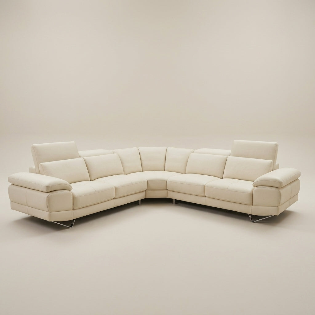 Cream leather corner couch adjustable headrests. Euro Crafted. Galeria Furniture South Africa.