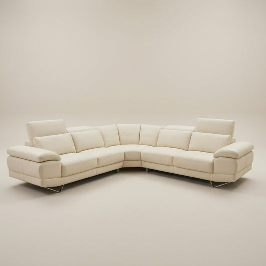 Cream leather corner couch adjustable headrests. Euro Crafted. Galeria Furniture South Africa.