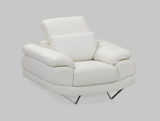 white leather sofa armchair with adjustable headrests and chrome feet.