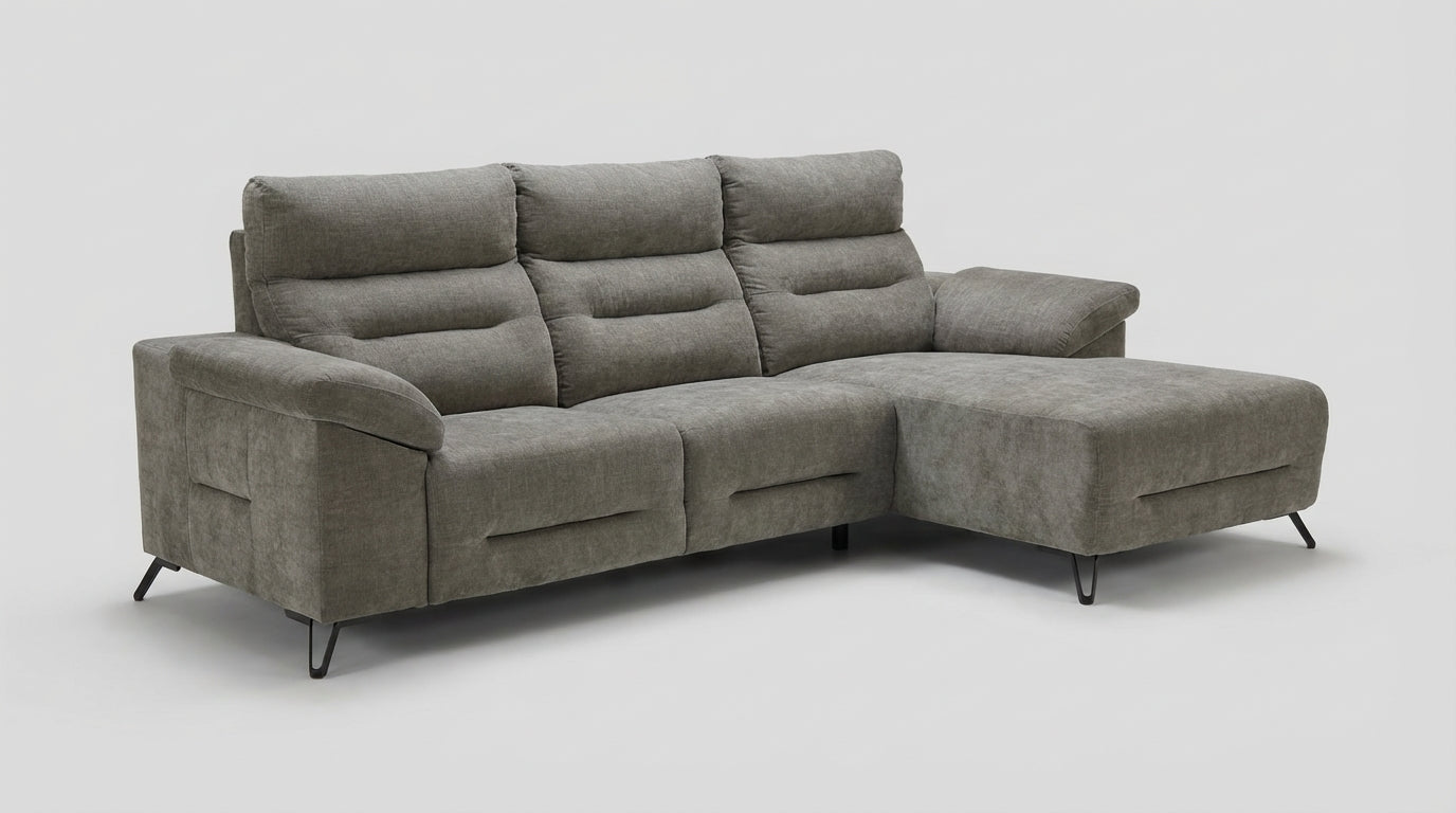 Grey luxury fabric l-shape couch with storage arms.