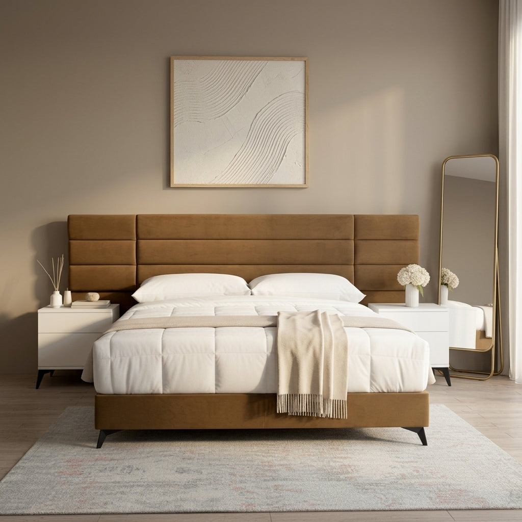 Designer headboard and base bed in luxury brown fabric. Galeria Furniture South Africa. shipping nationwide.