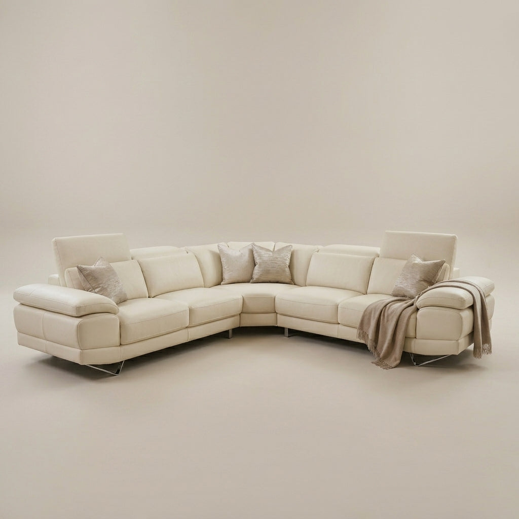 Cream leather corner couch adjustable headrests. Euro Crafted. Galeria Furniture South Africa.