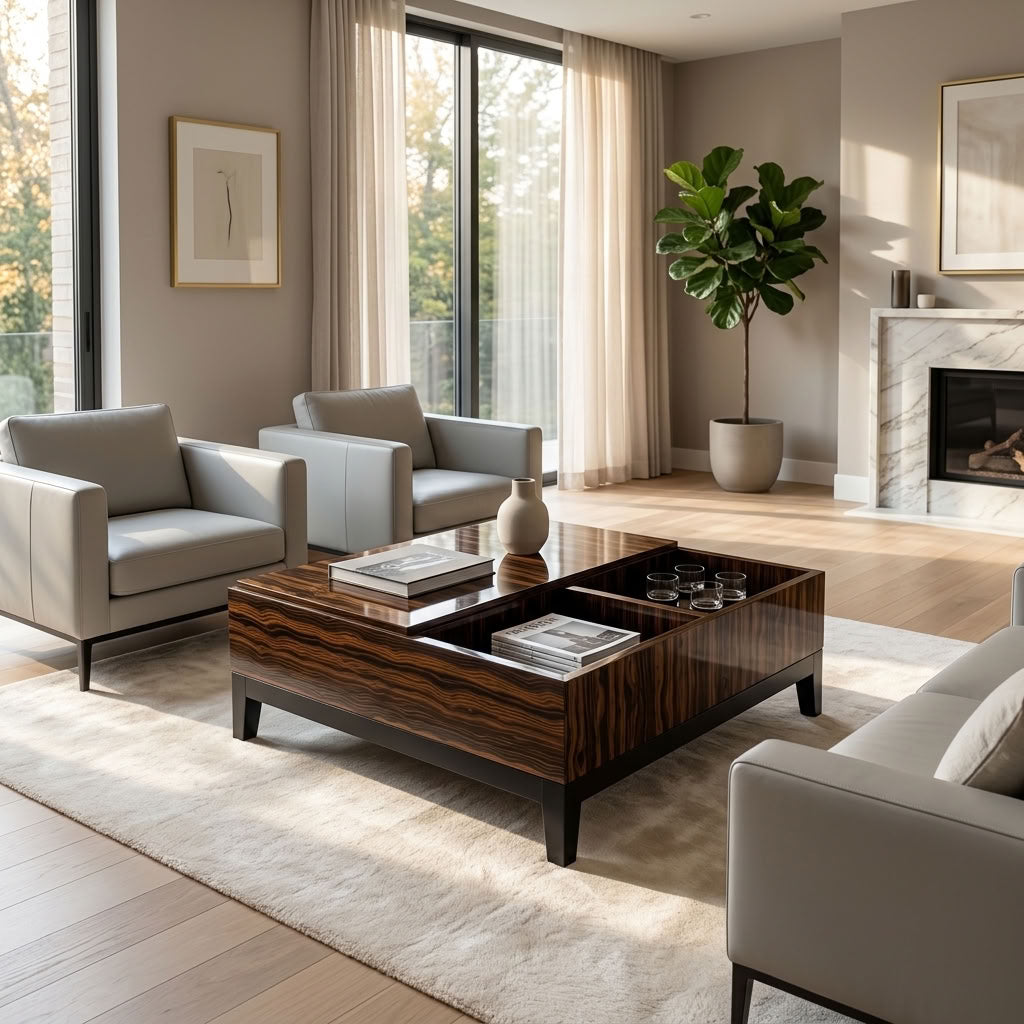 Designer coffee table in luxury wood.  Euro Crafted. GALERIA FURNITURE SA