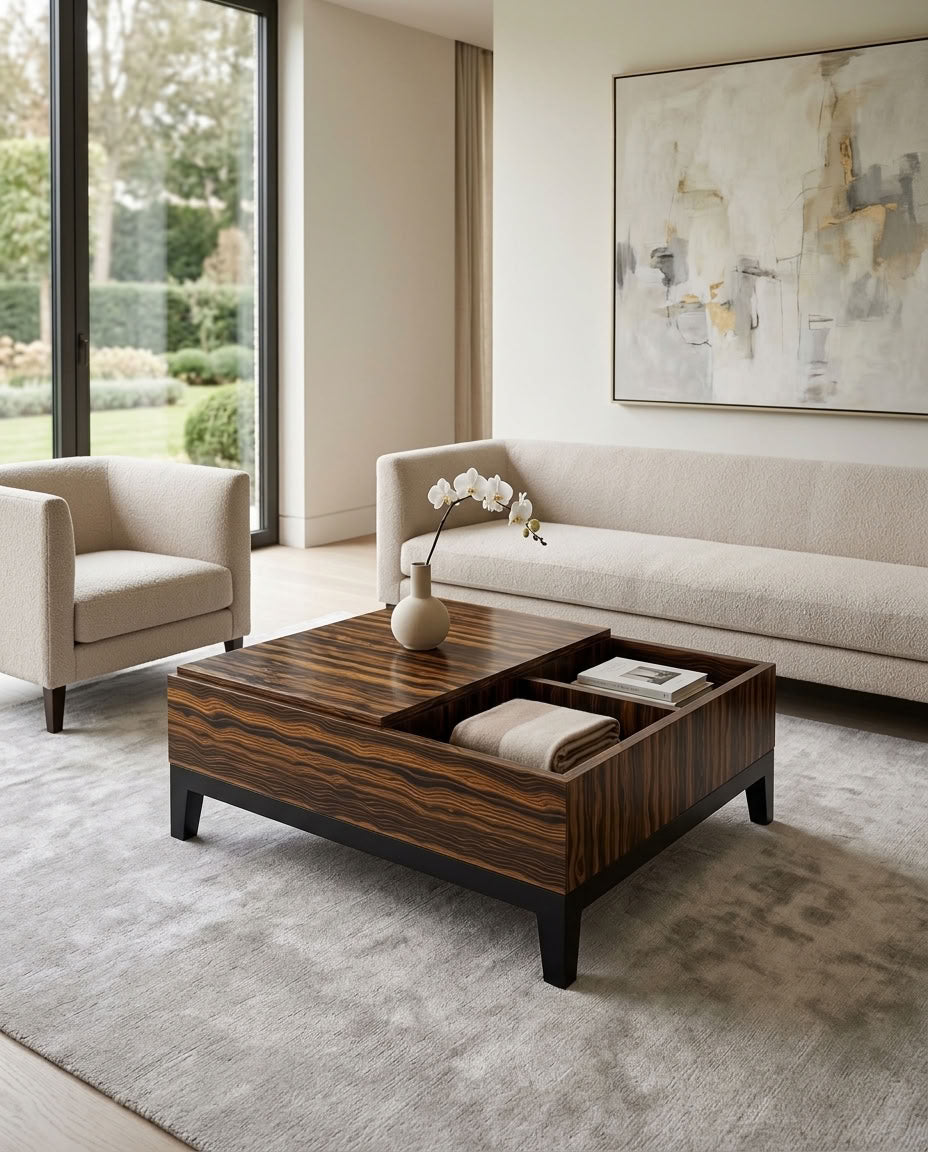 Designer coffee table in luxury wood.  Euro Crafted. GALERIA FURNITURE SA