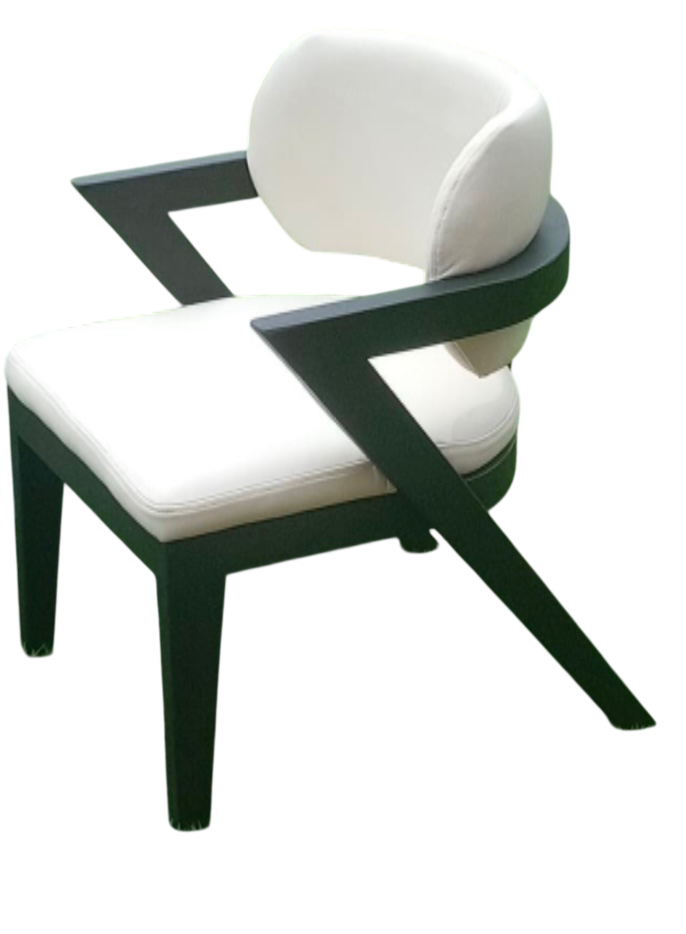 white italian leather dining chair with curved back and slanted legs