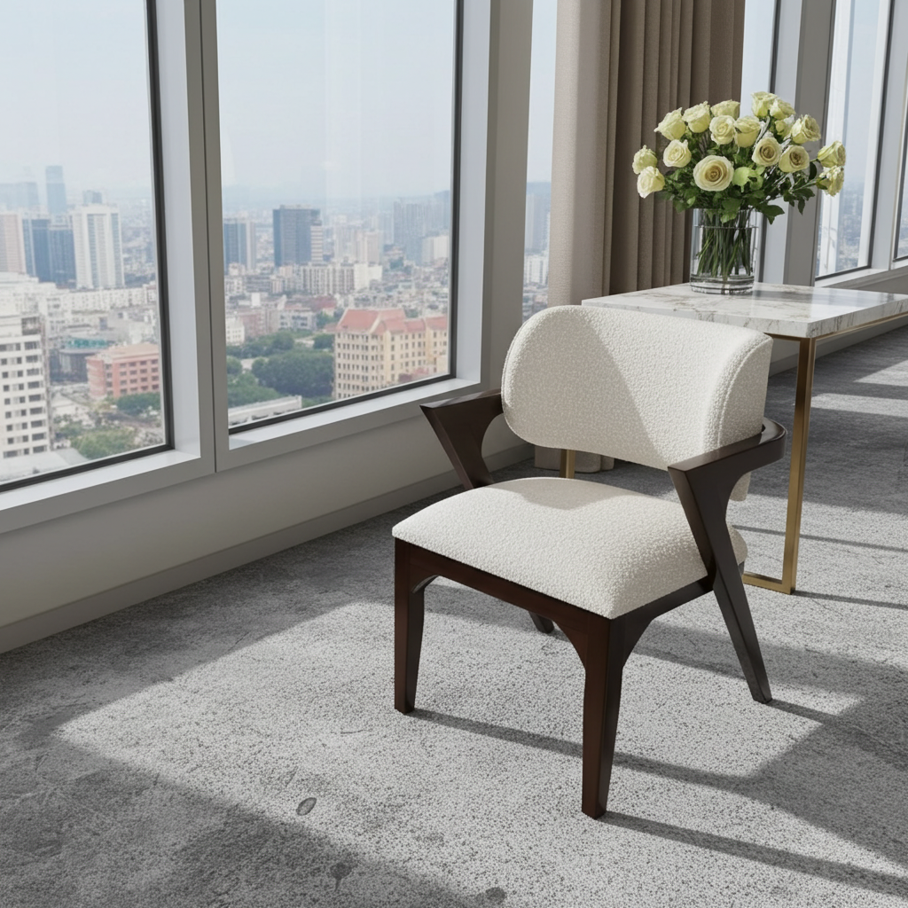 Elegant dining chair with a curved back and Dark walnut wood frame and boucle fabric