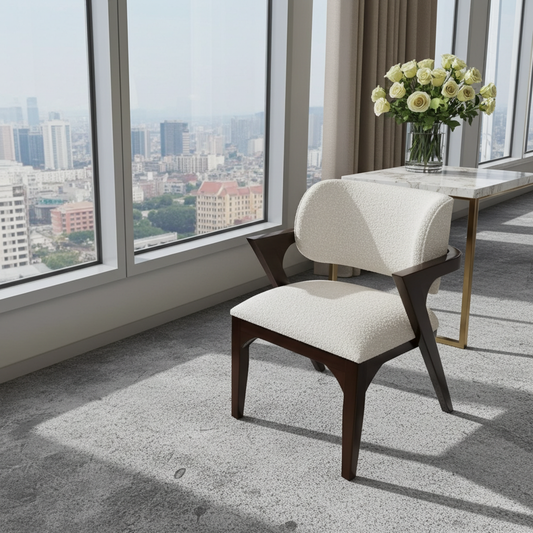 Elegant dining chair with a curved back and Dark walnut wood frame and boucle fabric