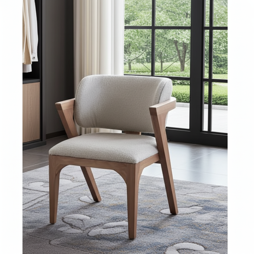 Curved back dining chair with light wood frame and legs.