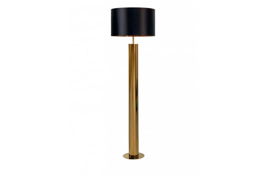 Floor lamp with gold base leg and black lampshade with mirror gold interior.