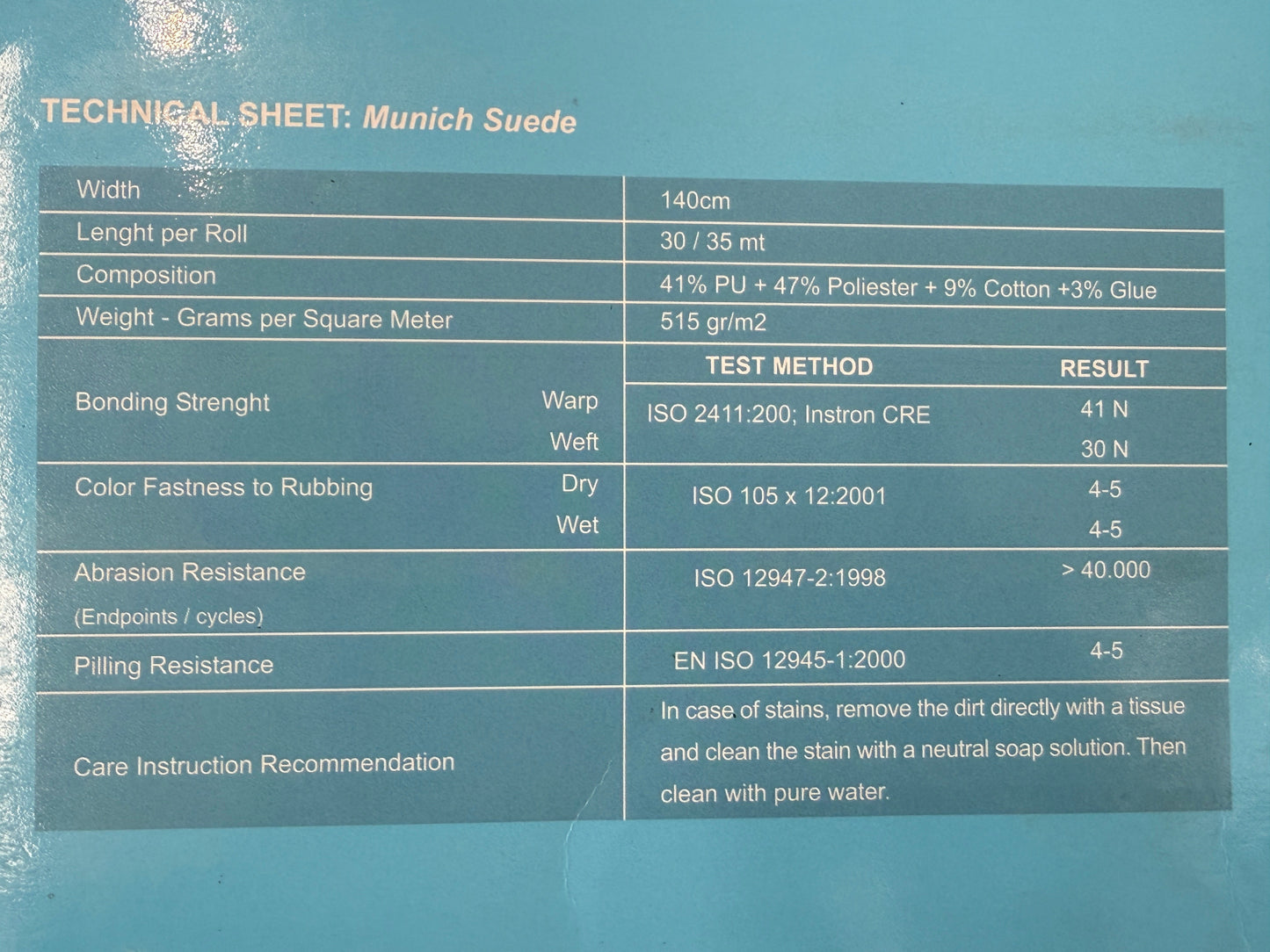 Technical sheet for Munich Suede fabric with specifications and care instructions.