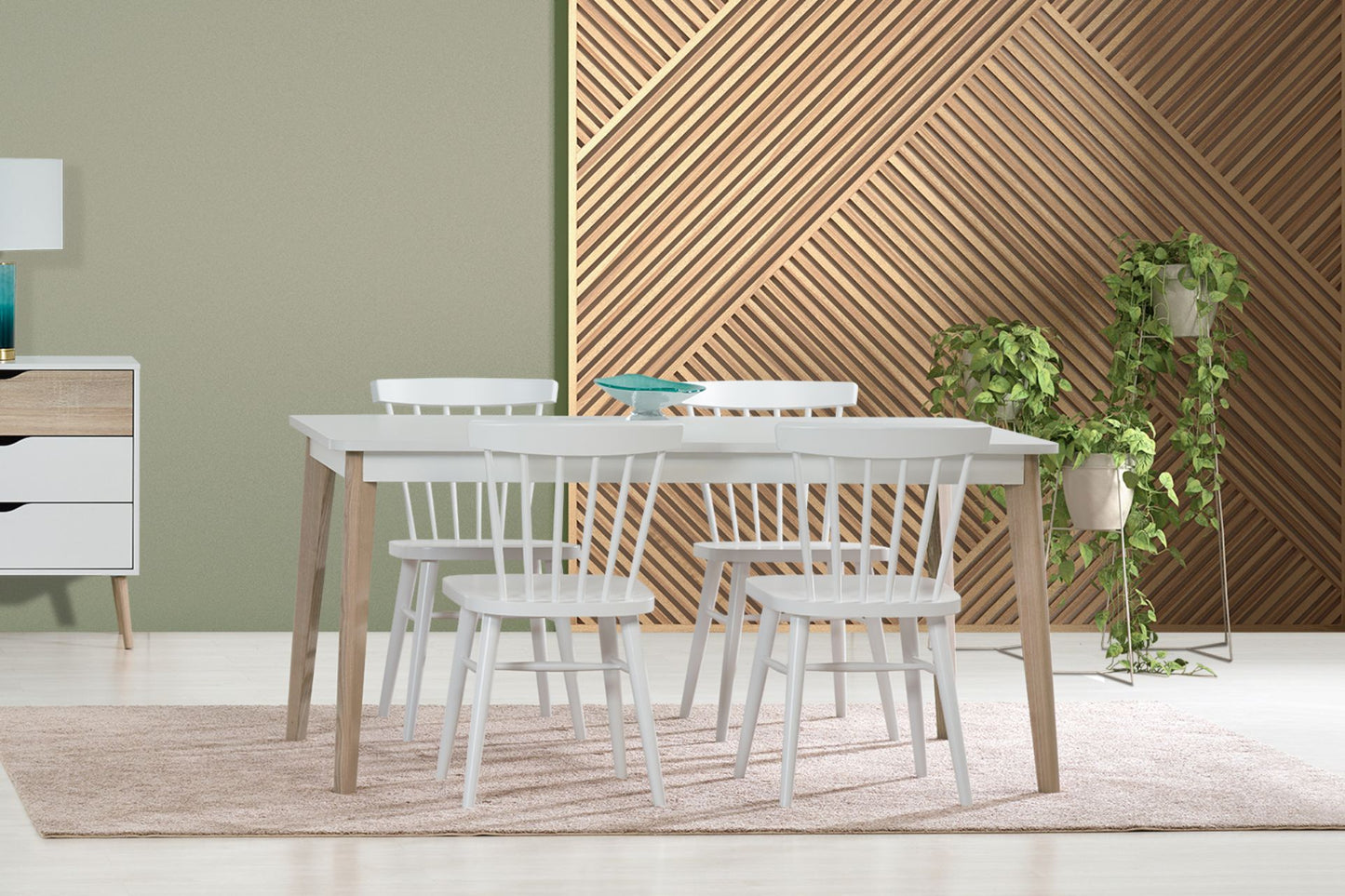 Scandinavian style dining table in light oak and white wood. 6 seater wooden dining table