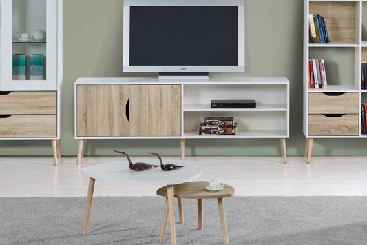 Modern minimalist tv stand in white and oak wood