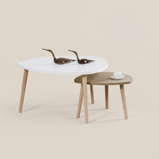 Scandinavian style coffee tables, set of 2 in white wood and blonde wood. Galeria Furniture Sa. Delivery nationwide.