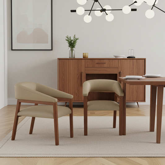 dining chair in a square curved back design. Leather upholstery and wood stain in your colour choice.