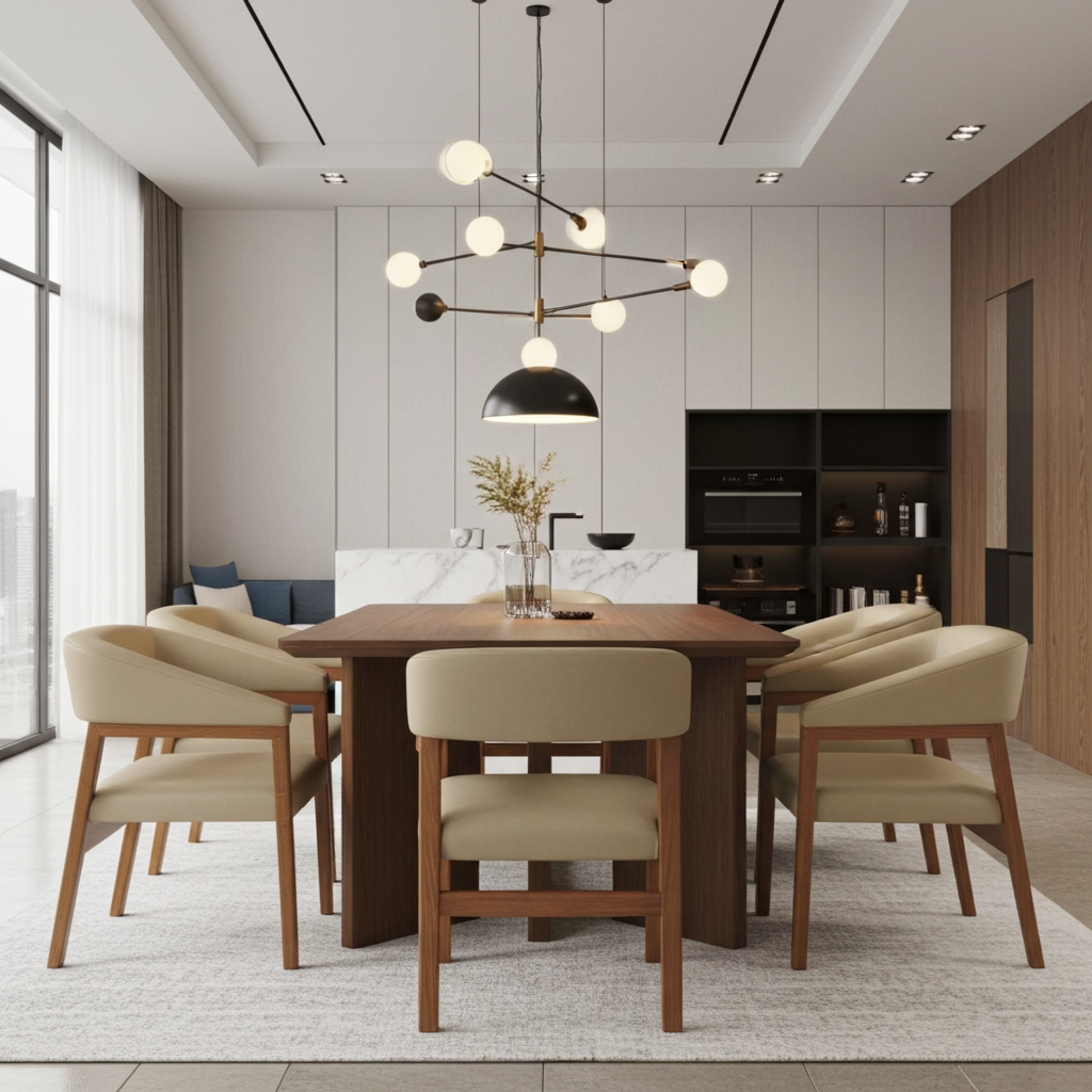 dining chair in a square curved back design. Leather upholstery and wood stain in your colour choice.