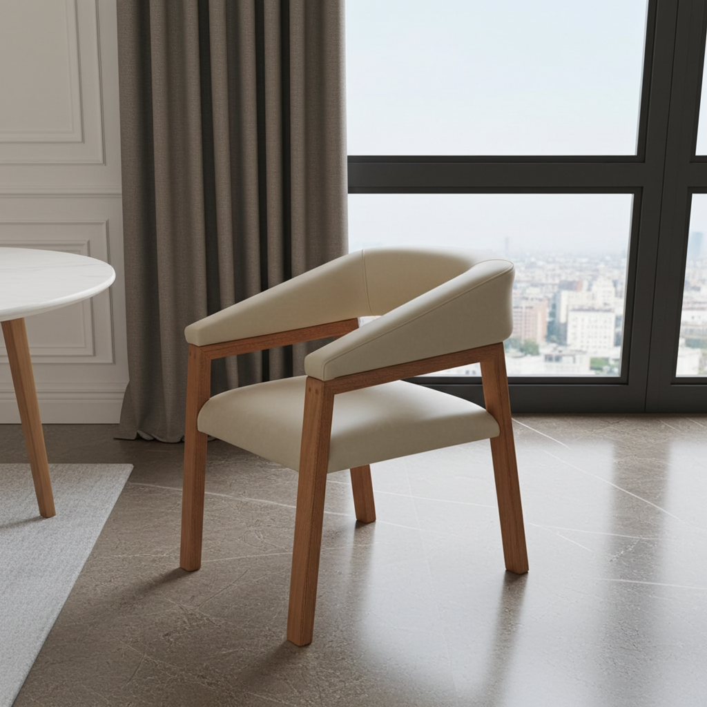 modern dining chair in leather with light wood frame