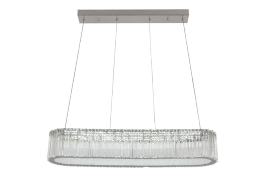 Horizontal crystal chandelier with remote control and adjustable height.