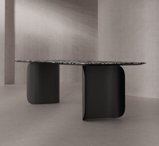 Stone top dining table with steel curved legs