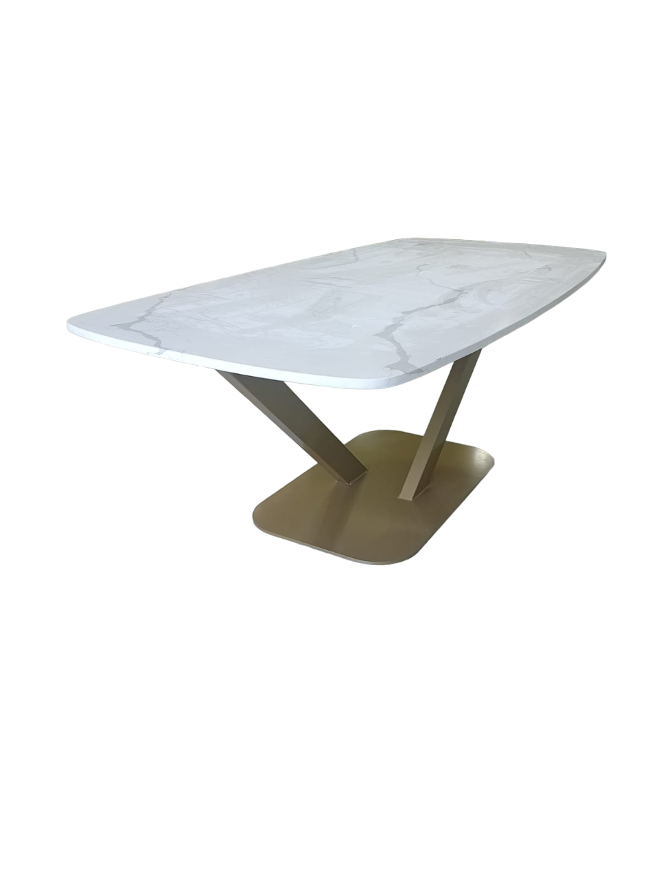 Custom made stone-top dining table with gold brass legs.