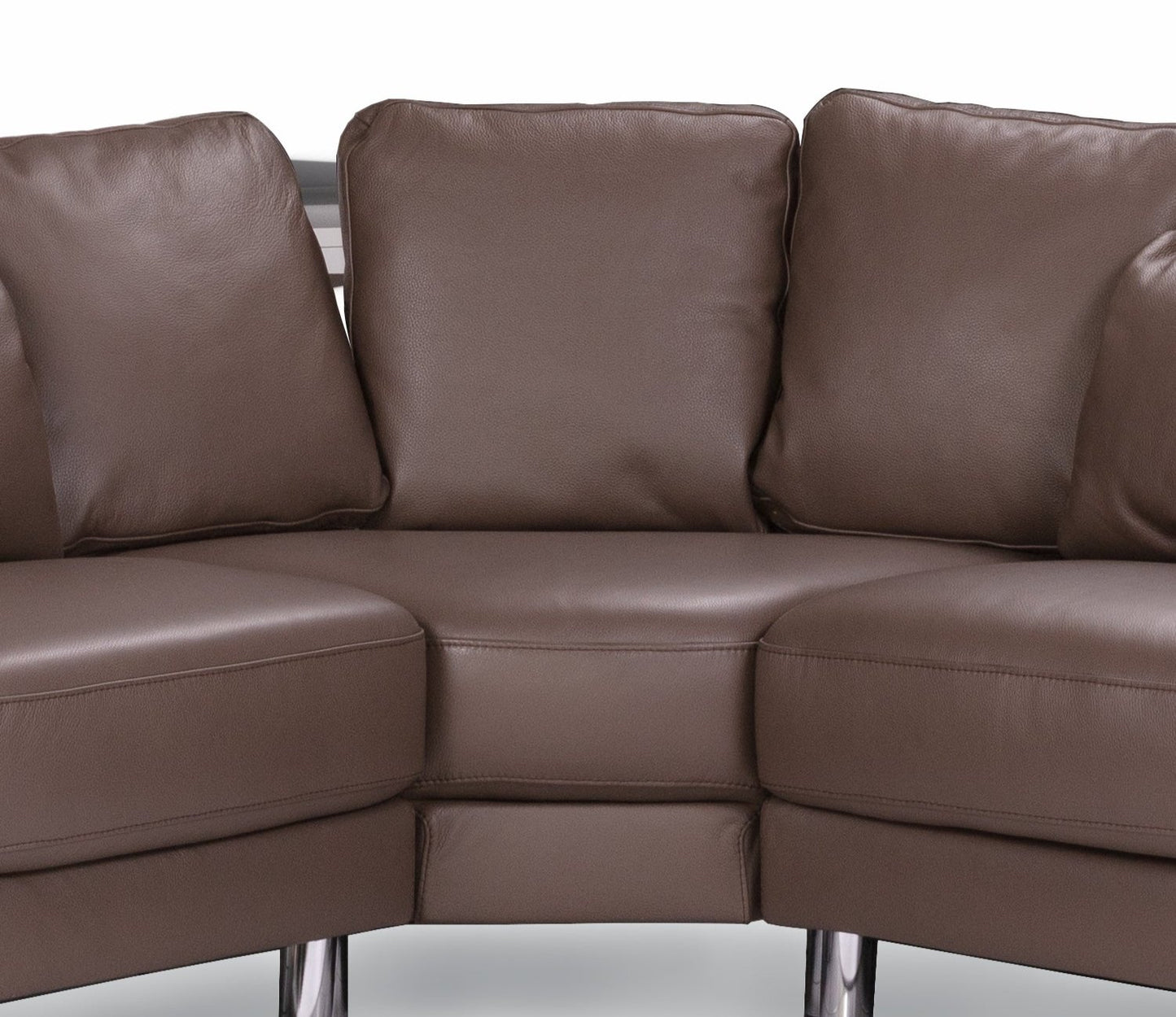 Brown leather corner couch with extra back cushions.