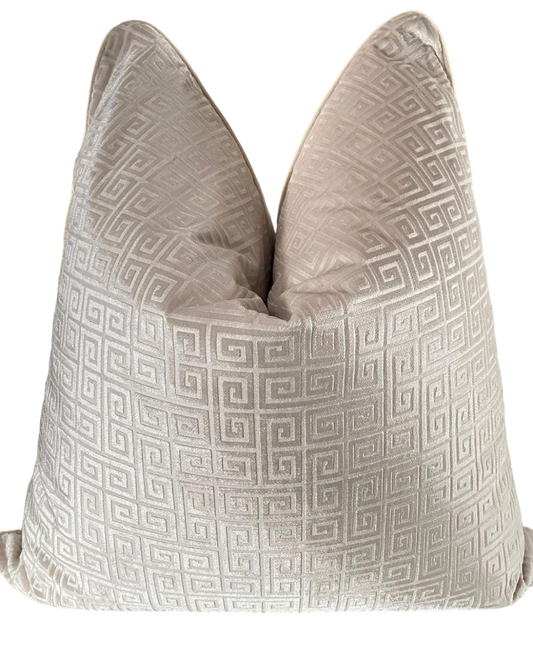 The Emily scatter cushion in a light gold bronze fabric with geomteric design and elegant piping.