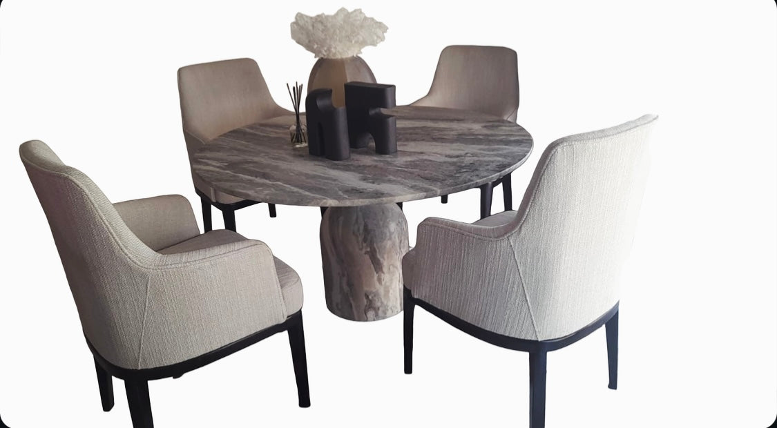 Georgina dining chairs with dark wood frame and legs and upholstered in your fabric choice