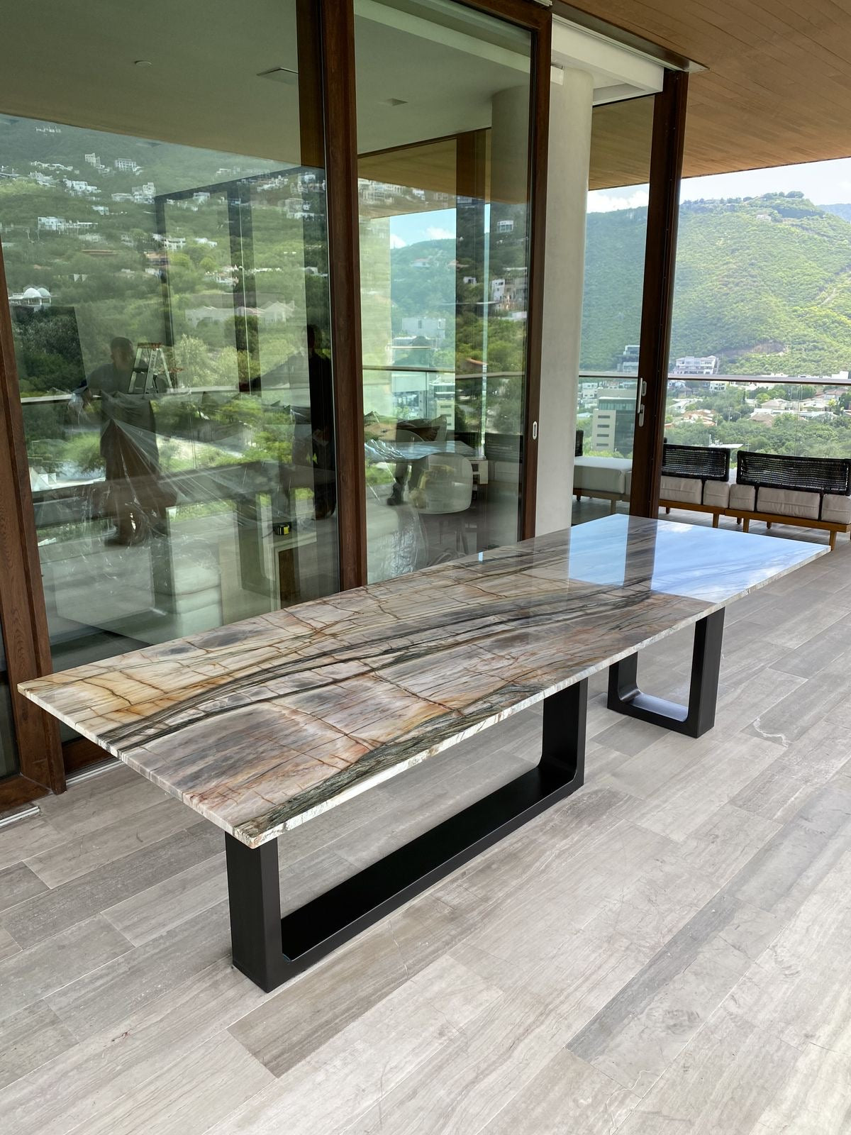 Stone top dining tables for indoor or outdoor use.