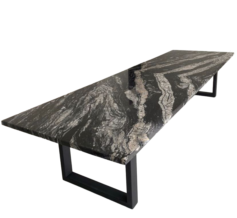 Stone top dining tables with steel legs.