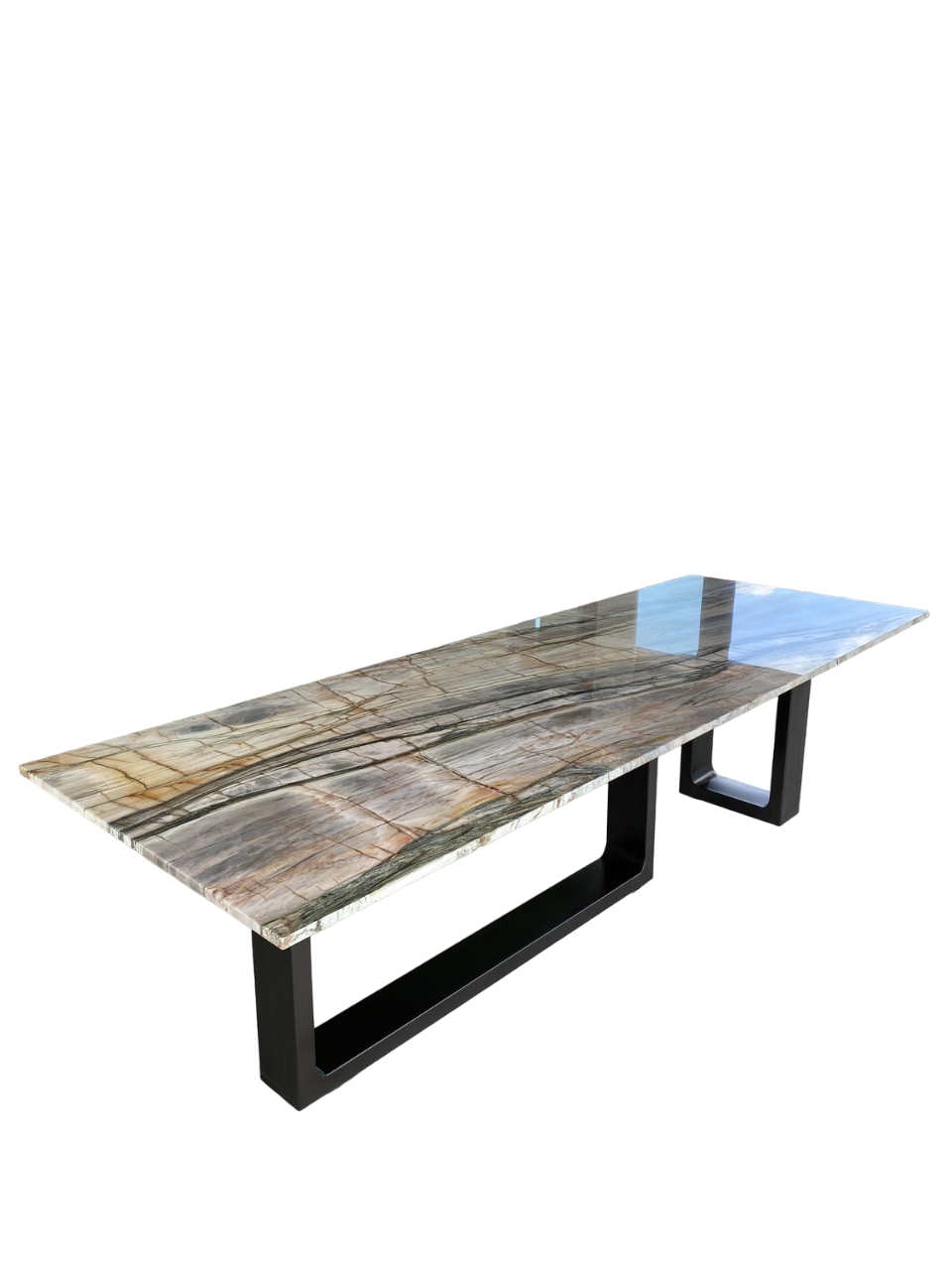 MARBLE STONE TOP DINING TABLE WITH BLACK STEEL LEGS