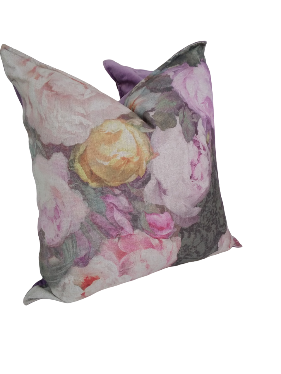 floral and lilac velvet scatter cushion with feather inners