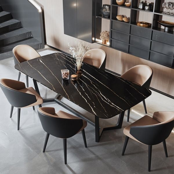 Black stone dining table with black steel legs