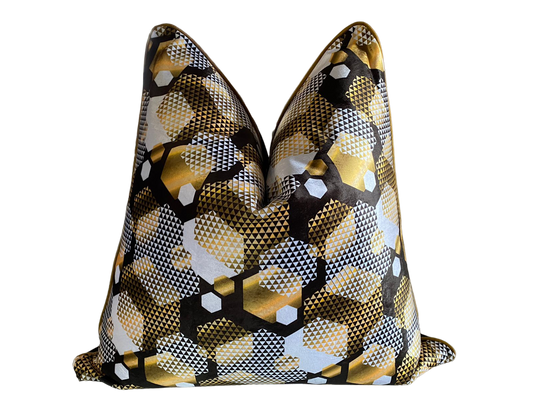 beehive design scatter cushion. Geometric design scatter cushion in gold black and white colours.