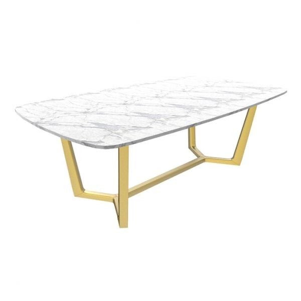 White stone dining table with gold steel legs. 