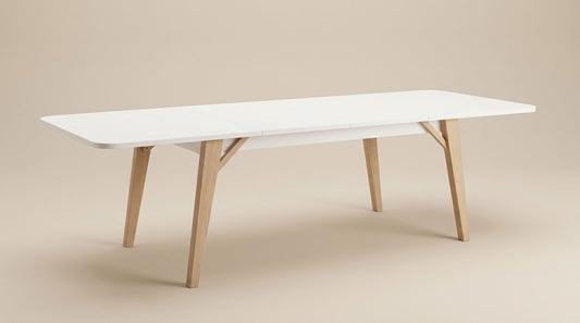 Sleek Nordic style extendable dining table in white wood and light wood legs. GALERIA FURNITURE SA