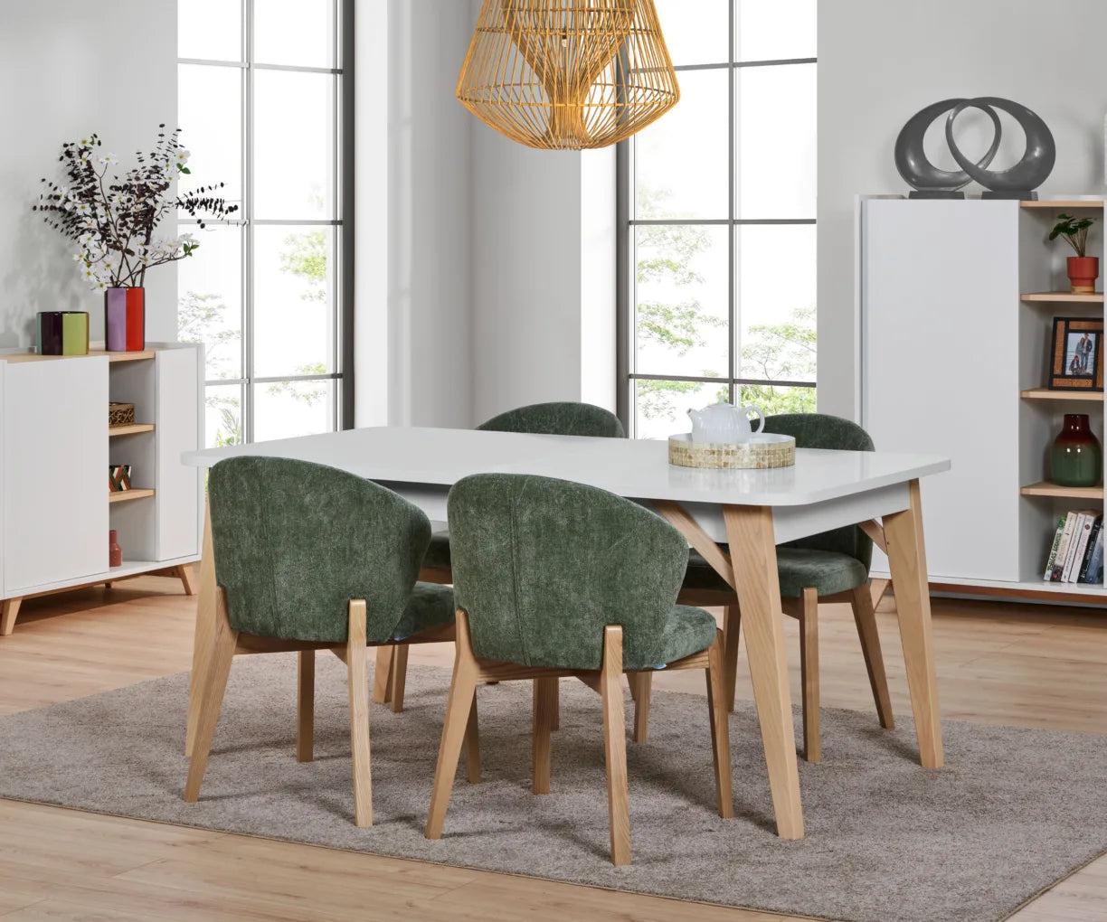 White and Ash wood, extendable dining table in Scandinavian design