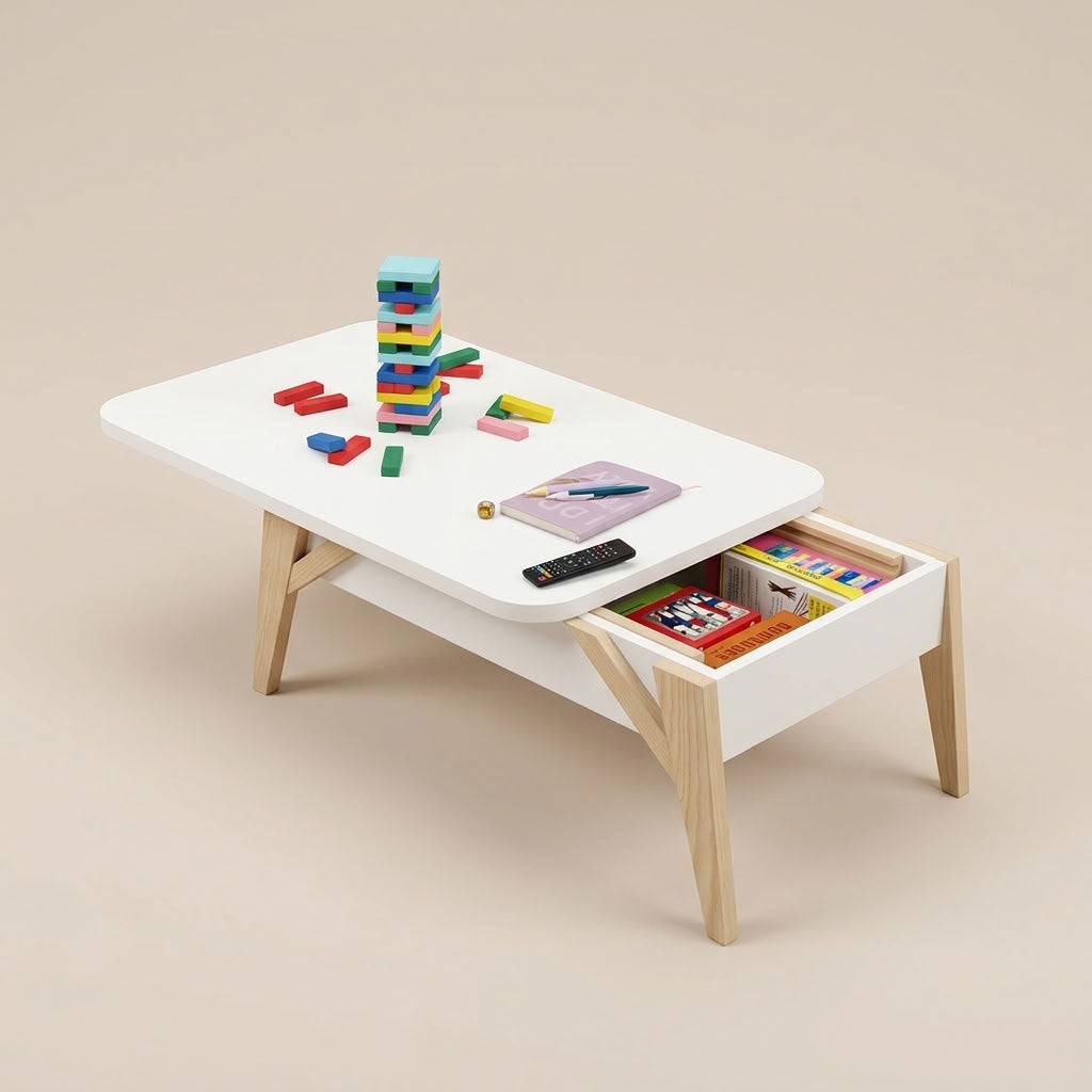 White wood coffee table with sliding top function for storage. Euro Crafted. GALERIA FURNITURE SA. Delivery nationwide.