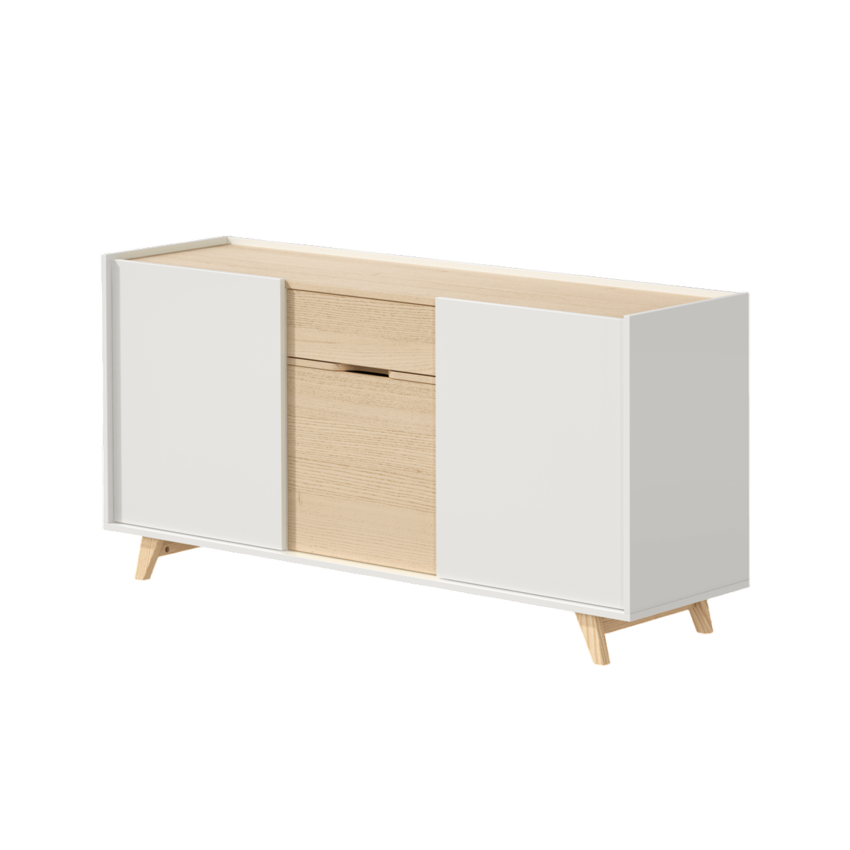 white and ash wood cabinet that works as a tv stand or sideboard.