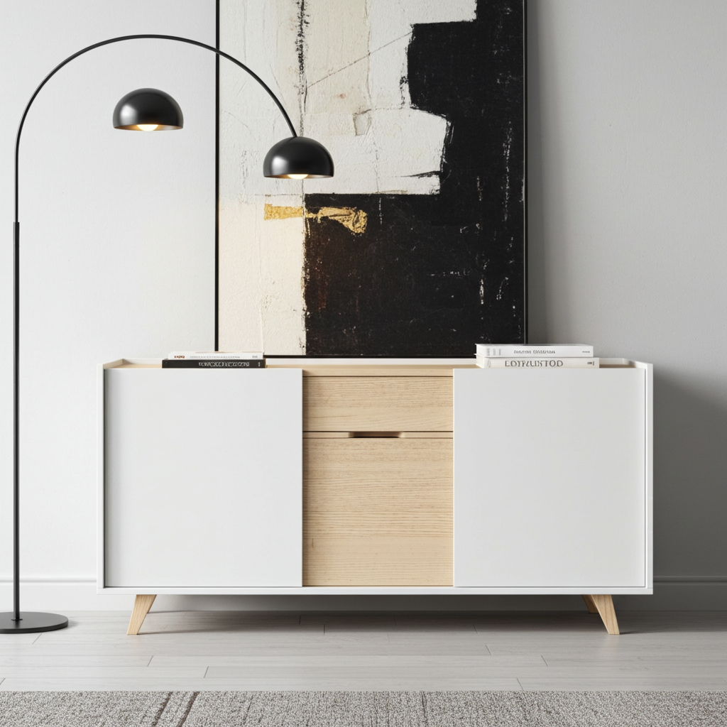 Ibiza cabinet in a white and pale wood finish. Modern minimalist sideboard, tv cabinet or storage unit.