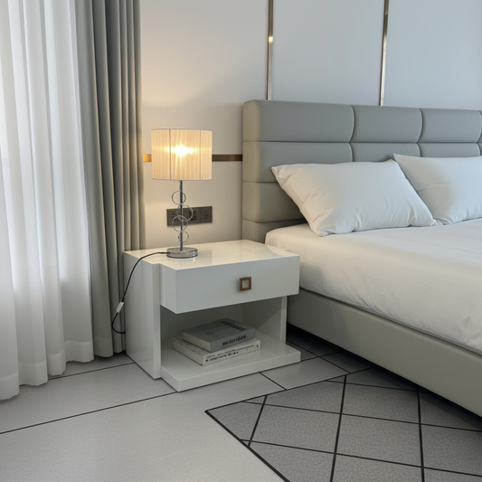 White gloss wood bedside pedestal with single drawer