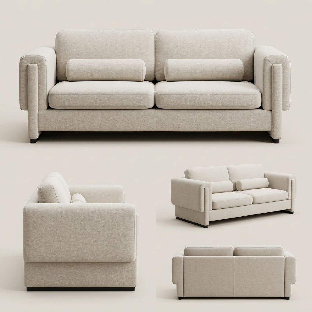 Sofa JA Kenya Pearl - front, side and back view of luxury 2 seater sofa with pillow cushions and wrap-over arms