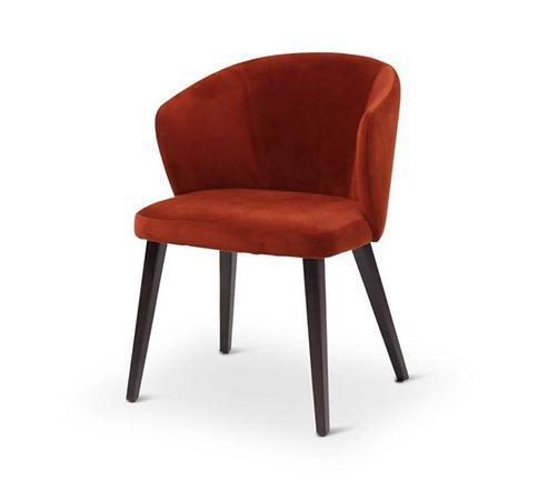 Fabric dining chair with dark wooden legs and a curved back rest.